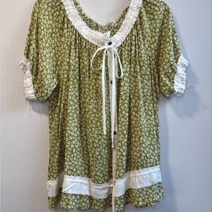 Green Floral Blouse with White Accents